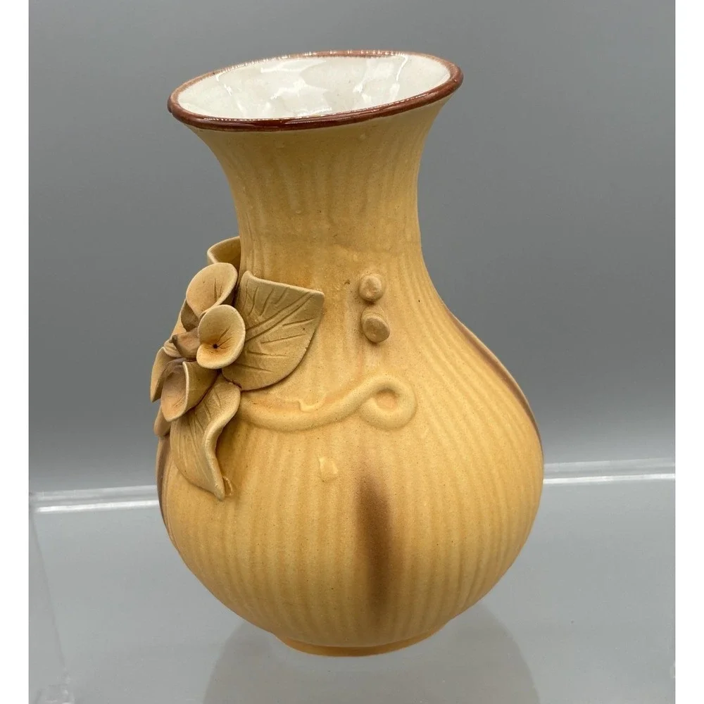 Vintage Mustard Yellow Flower Vase Floral Design Handmade Ceramic Pottery  7